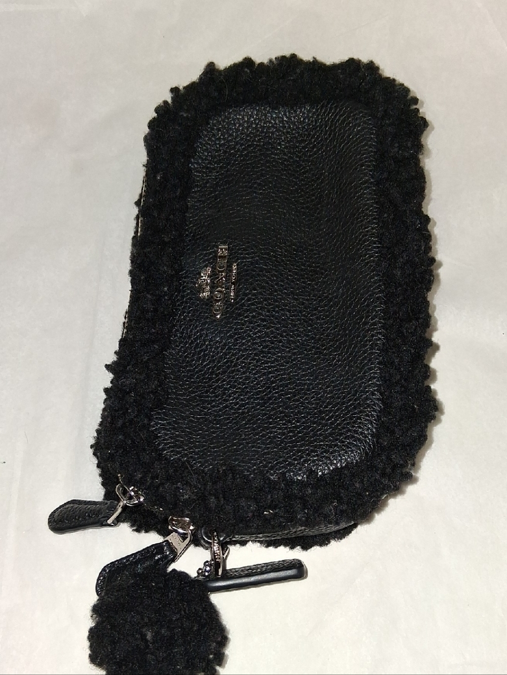 Coach Black Shearling Trim Leather Zip Wristlet with Pom